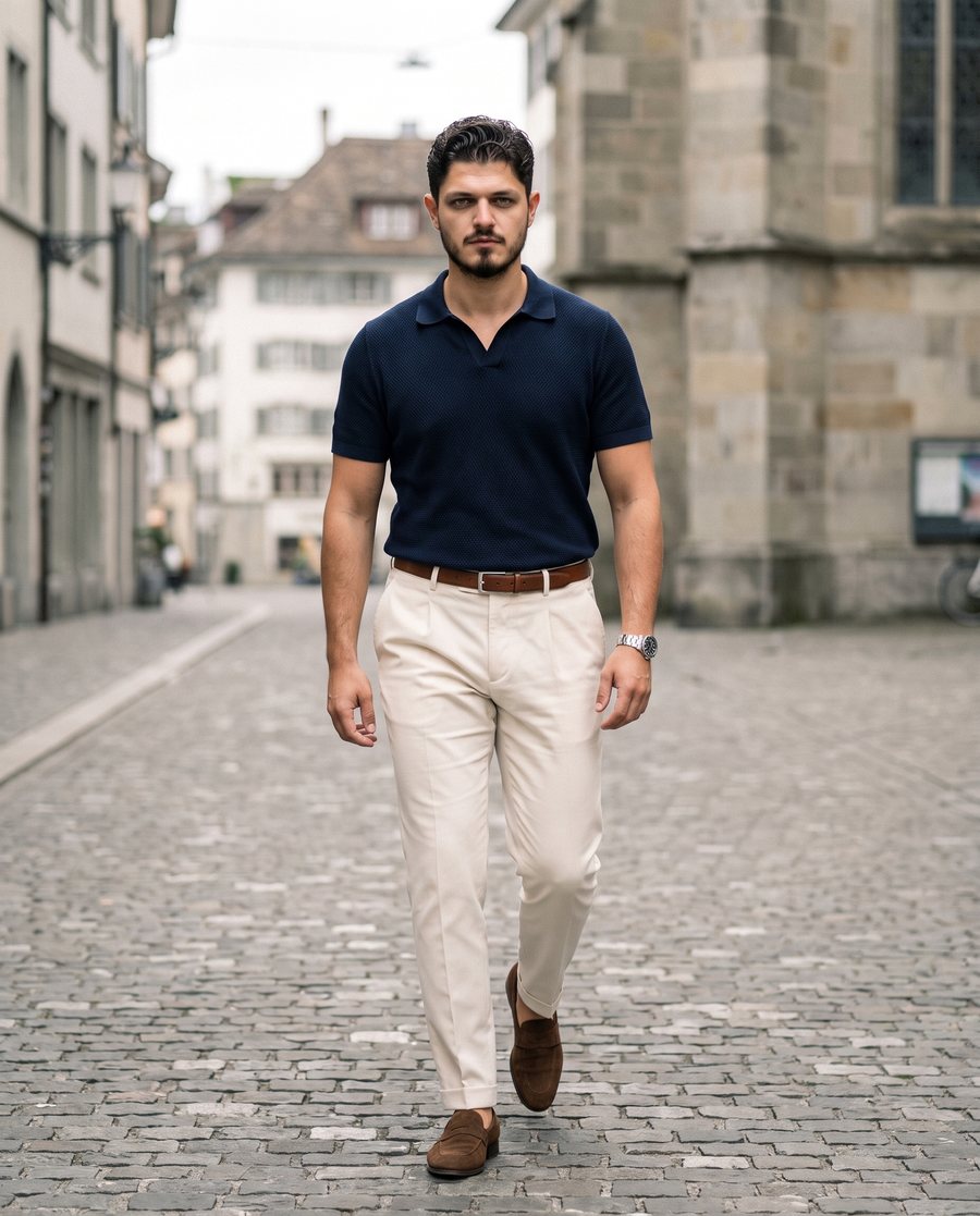Arigon im navy Strickpolo und cremefarbener Hose auf einer Zürcher Einkaufsstrasse