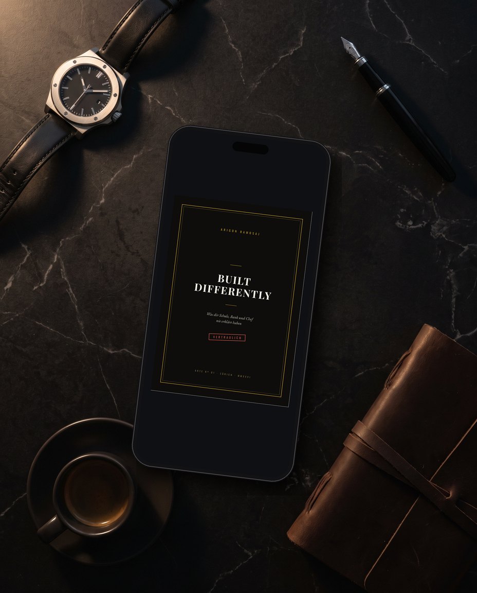 Das E-Book Built Differently auf einem Handy, auf schwarzem Marmor mit Uhr, Füller und Notizbuch